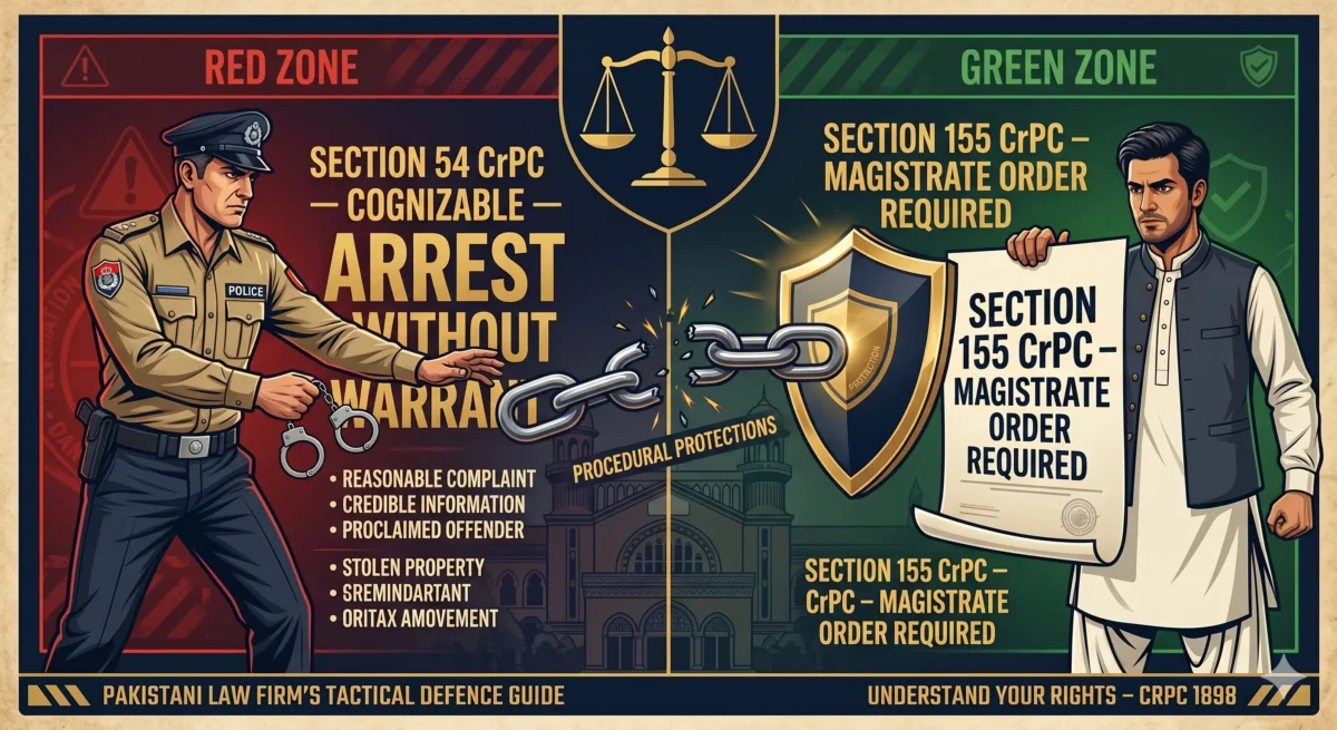 arrest without warrant in Pakistan – Section 54 CrPC cognizable offences vs Section 155 non-cognizable shield infographic