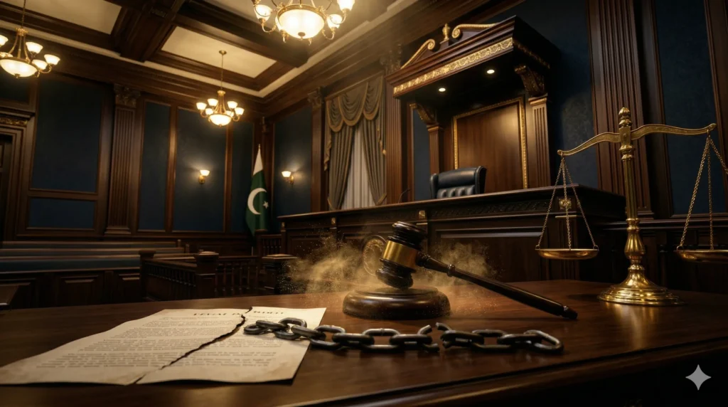 "Bail cancellation Pakistan under Section 497(5) CrPC - judge gavel striking with broken chain representing revocation of bail"