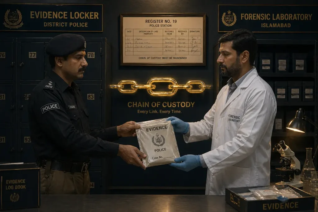 chain of custody in Pakistan criminal cases – sealed evidence bags with police documentation and forensic laboratory chain