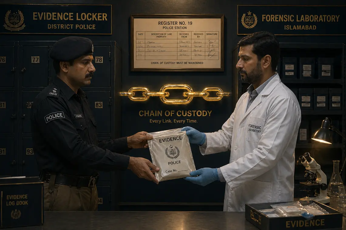 chain of custody in Pakistan criminal cases – sealed evidence bags with police documentation and forensic laboratory chain