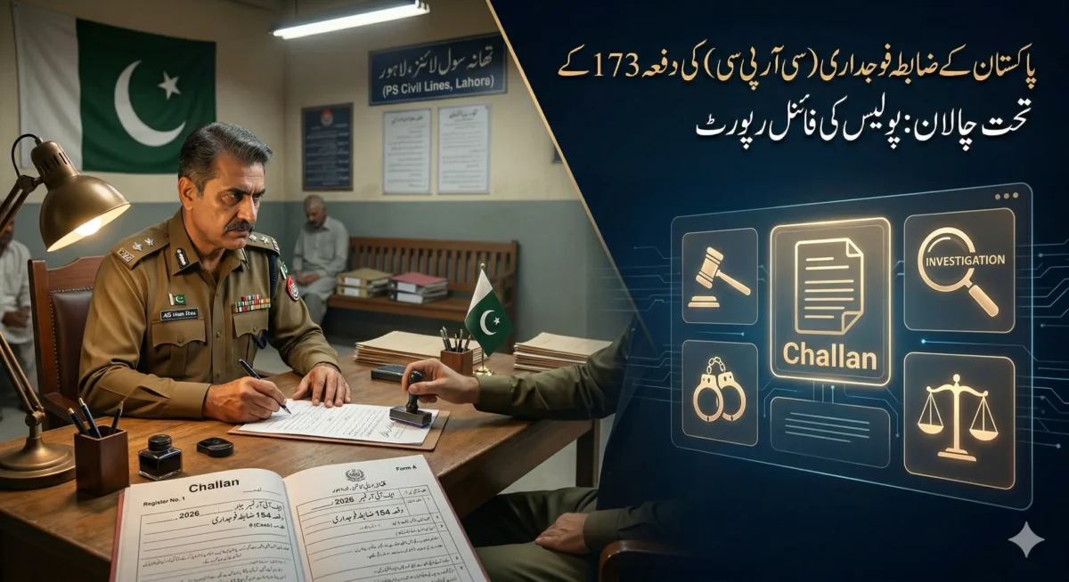 Challan under section 173 CrPC Pakistan - Police officer preparing final report with legal interface
