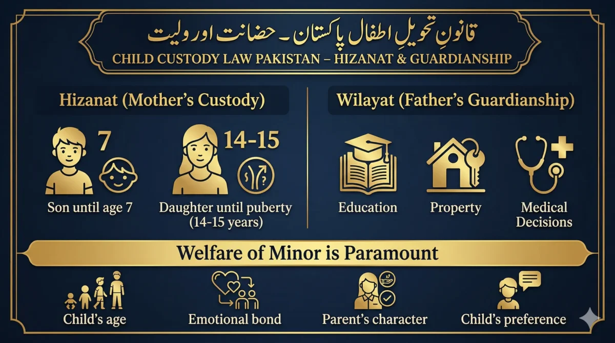 Child Custody Law Pakistan – Hizanat & Guardianship Infographic Chart Child custody law Pakistan infographic - mother's hizanat rights (son 7 years, daughter puberty), father's wilayat guardianship, and welfare of minor factors under Guardian and Wards Act 1890