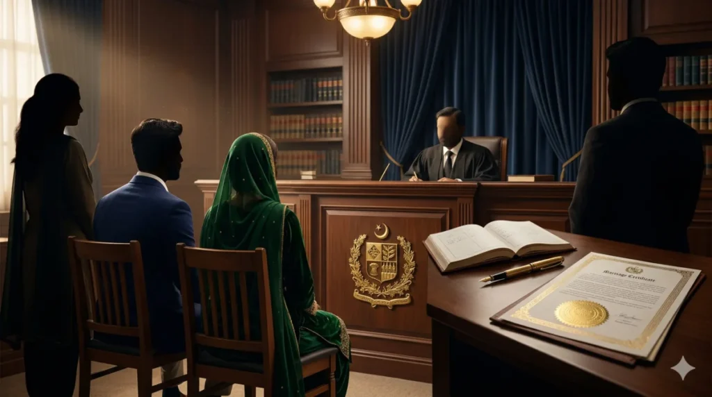 Court marriage procedure in Pakistan - couple with Marriage Registrar in Family Court, marriage certificate with golden seal