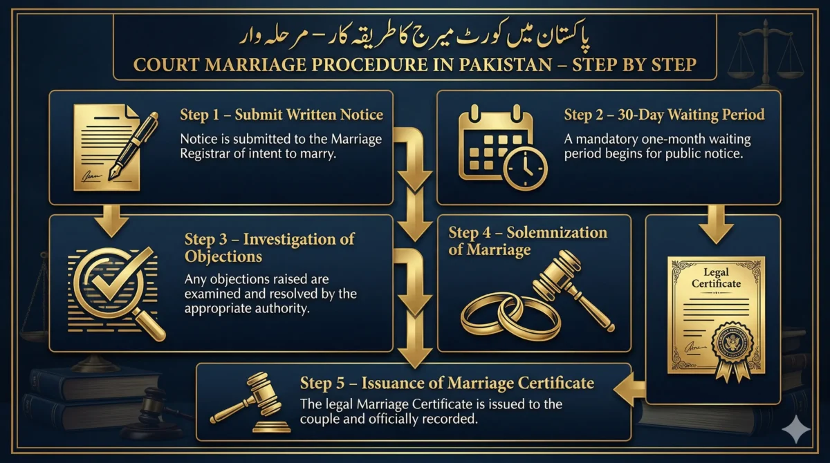 Court marriage procedure in Pakistan infographic - 5 steps: submit written notice, 30-day waiting period, investigation of objections, solemnization of marriage, issuance of marriage certificate under Special Marriage Act