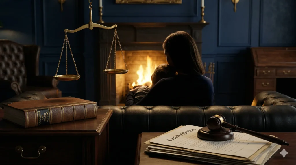 Custody case kaise jeetein - mother and child silhouette with golden scale of justice and Guardian and Wards Act 1890 representing welfare of minor