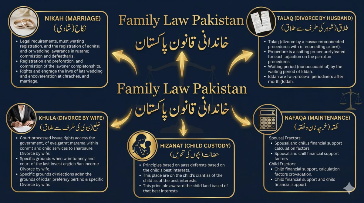 Family Law Pakistan - Complete Infographic Guide Family law in pakistan infographic - complete guide to Nikah, Talaq, Khula, child custody Hizanat, and maintenance Nafaqa under MFLO 1961
