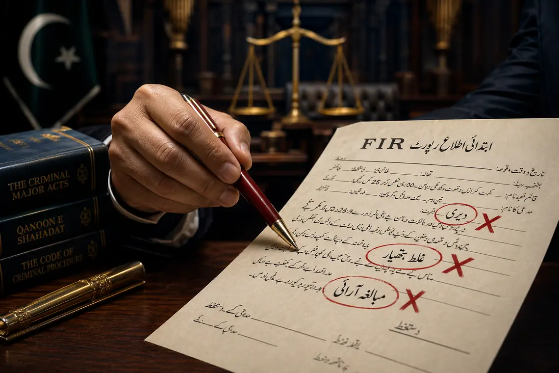 FIR filing mistakes in Pakistan highlighted on legal document with red marks – MK Legal Hub