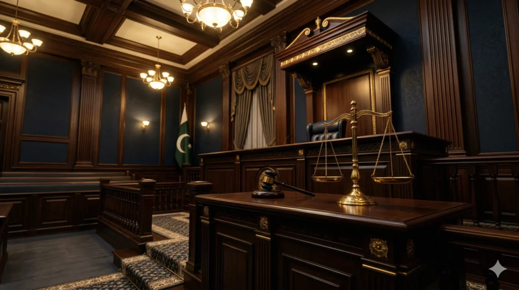 How to get bail in Pakistan - golden scales of justice and judge gavel in dark luxury courtroom representing Sections 497 and 498 CrPC"