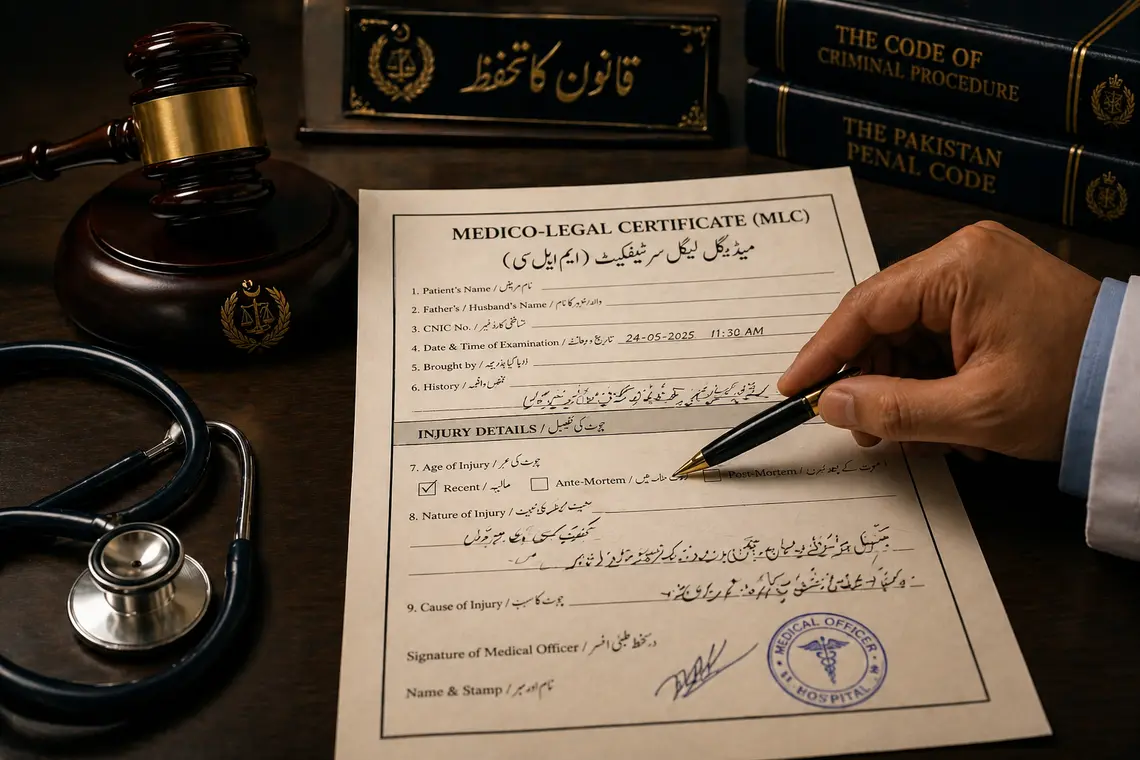 MLC in hurt cases procedure Pakistan – Medico-Legal Certificate document on desk with stethoscope
