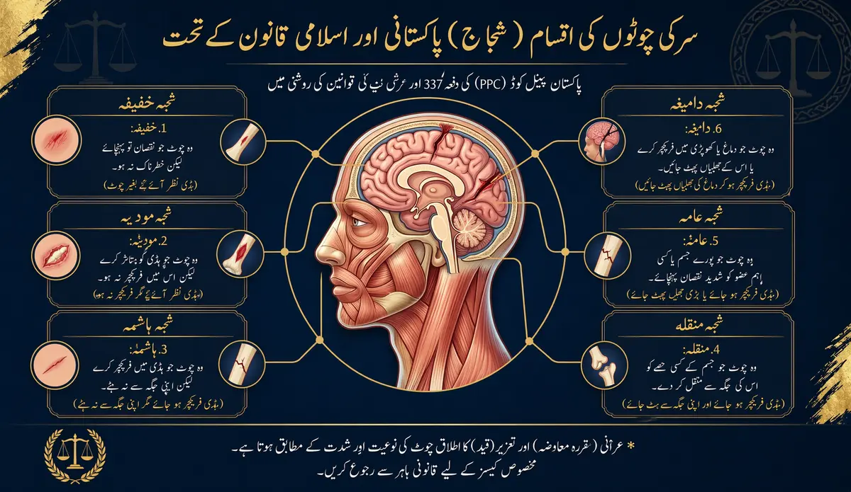 Six types of Shajjah head injuries under Section 337-A Pakistan Penal Code - Khafifah to Damighah diagram