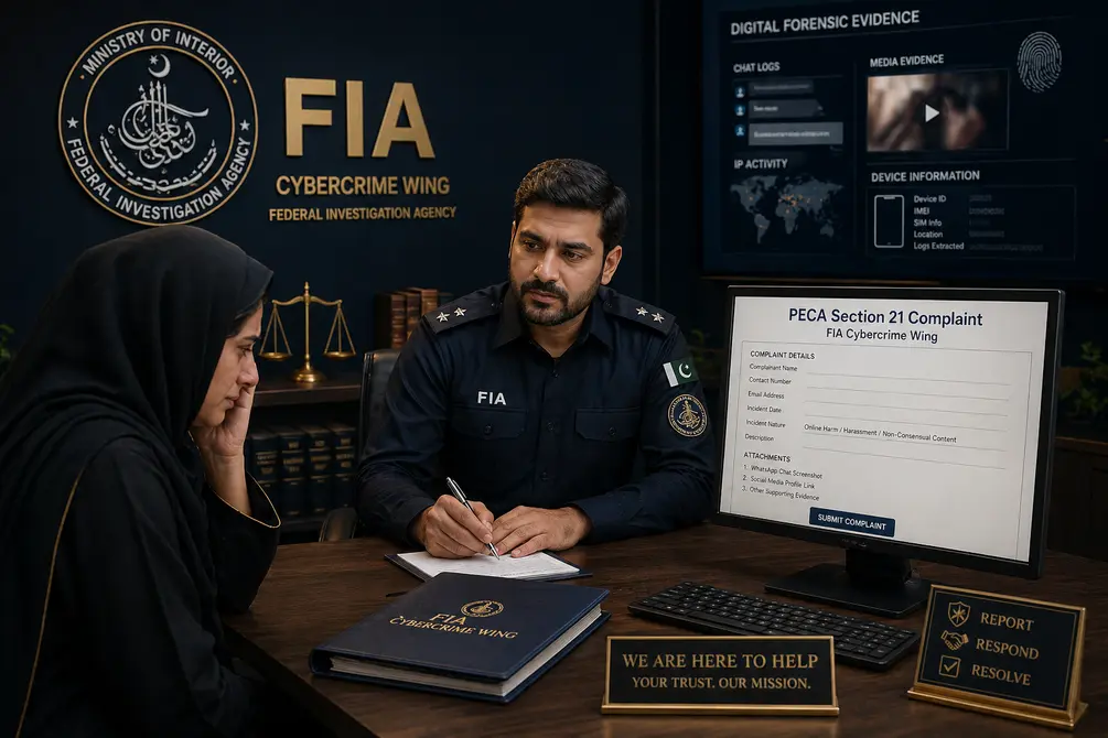 PECA Section 21 Pakistan – FIA Cybercrime Wing complaint filing procedure for digital harassment