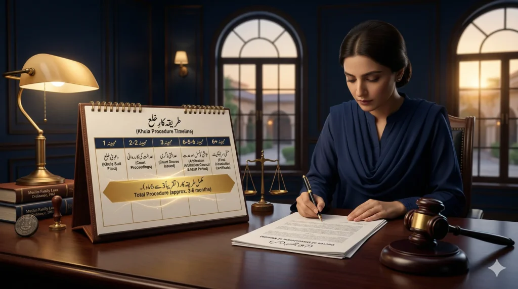 Khula kitne din mein hota hai - calendar showing 3 to 6 months duration with judge gavel and khula petition document