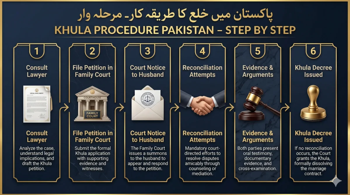 Khula Procedure Pakistan – Step by Step Infographic Chart Khula procedure Pakistan step by step infographic - 6 steps: consult lawyer, file petition, court notice, reconciliation, evidence, khula decree under DOMA 1939
