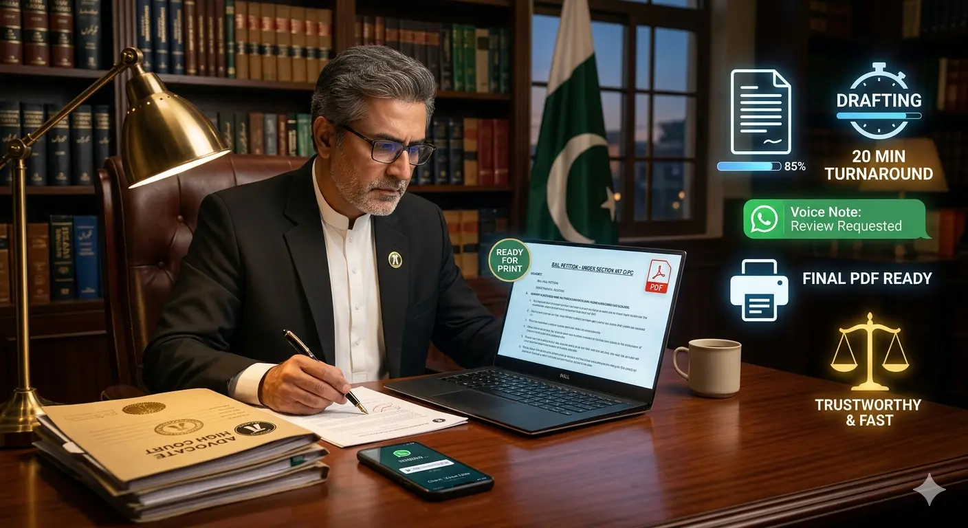 Legal drafting services Pakistan - Lawyer reviewing document with digital interface for 20 minute turnaround