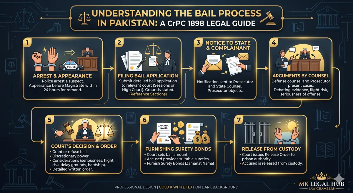 Step-by-Step Guide to Bail Laws in Pakistan Infographic showing Pre-arrest and Post-arrest stages