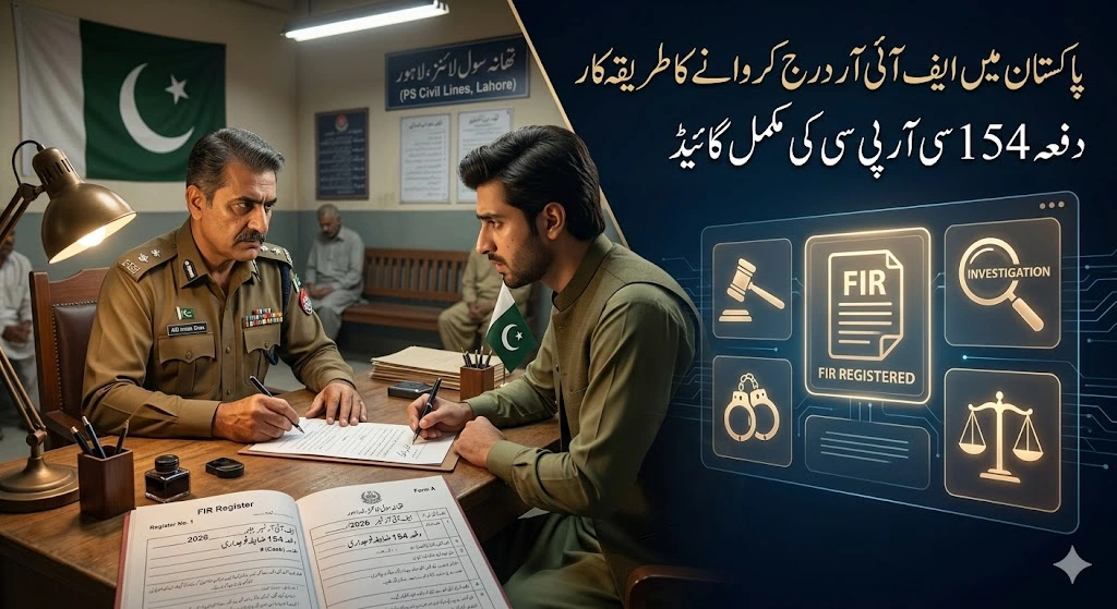 How to lodge FIR in Pakistan - Police officer registering FIR under Section 154 CrPC with complainant signing document, legal interface showing investigation icons