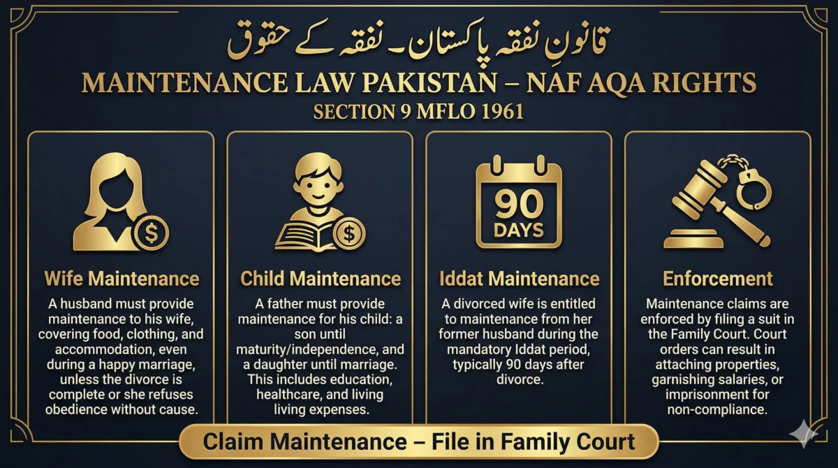 Maintenance law Pakistan infographic - wife maintenance, child support, iddat maintenance, and enforcement procedure under Section 9 MFLO 1961