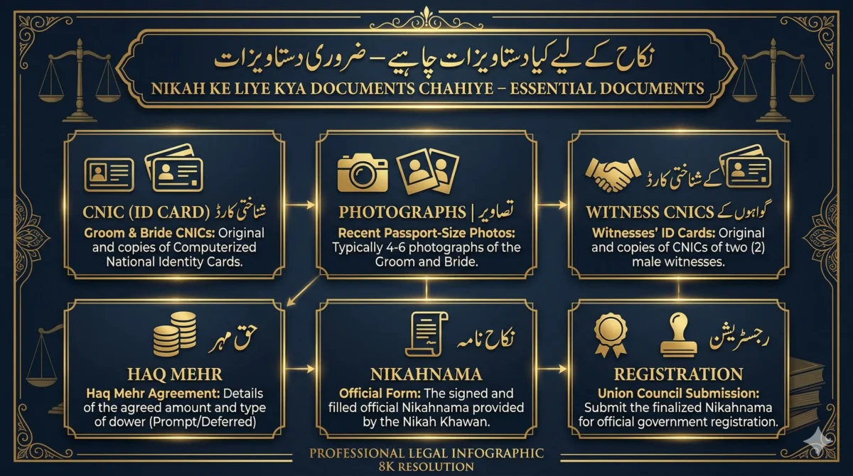 Nikah documents checklist infographic - 6 required documents: CNIC, photographs, witness CNICs, haq mehr, nikahnama, registration
