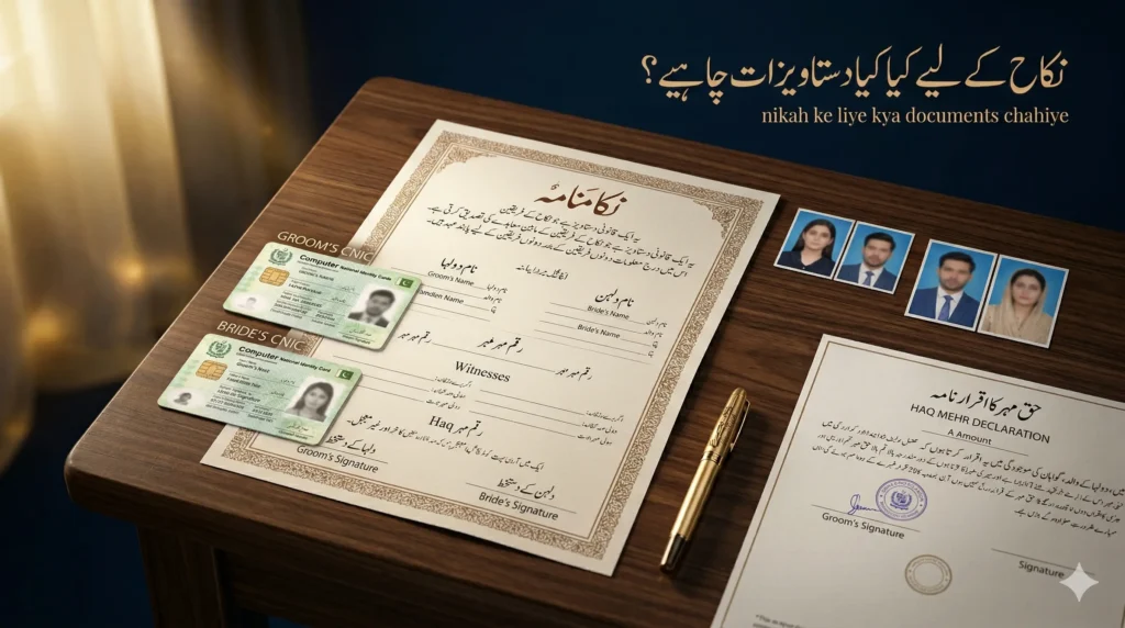 Nikah ke liye kya documents chahiye - CNICs, photographs, haq mehr declaration, and Nikahnama on dark wood desk