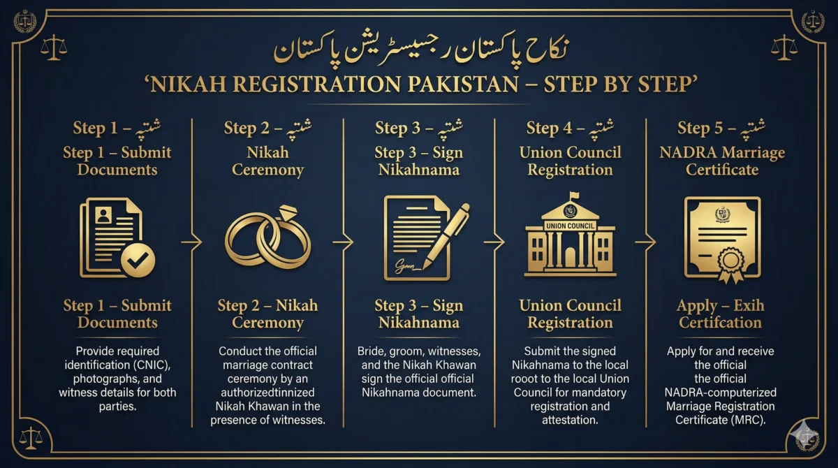 Nikah registration Pakistan step by step infographic - 5 steps: submit documents, nikah ceremony, sign nikahnama, union council registration, NADRA marriage certificate