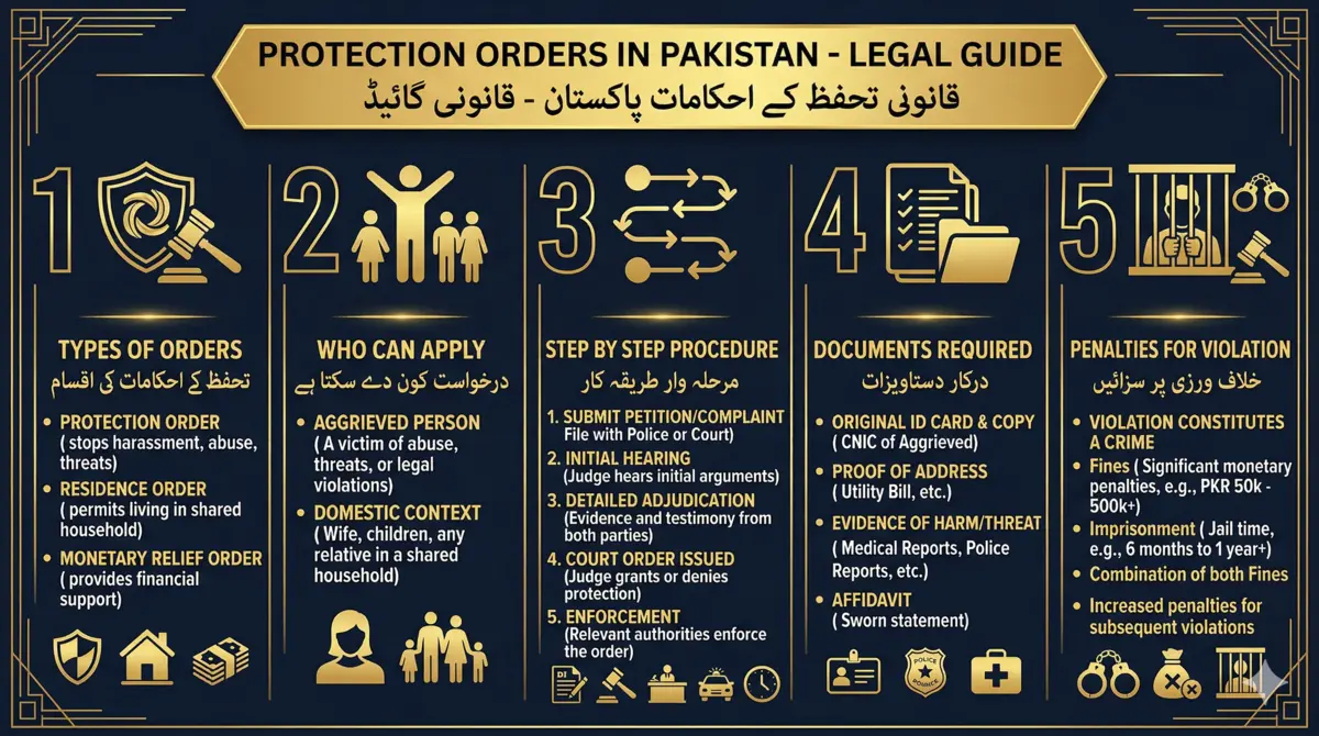 Protection order in Pakistan infographic - types of orders (protection order, residence order, monetary relief), who can apply, step by step procedure, documents required, and penalties for violation