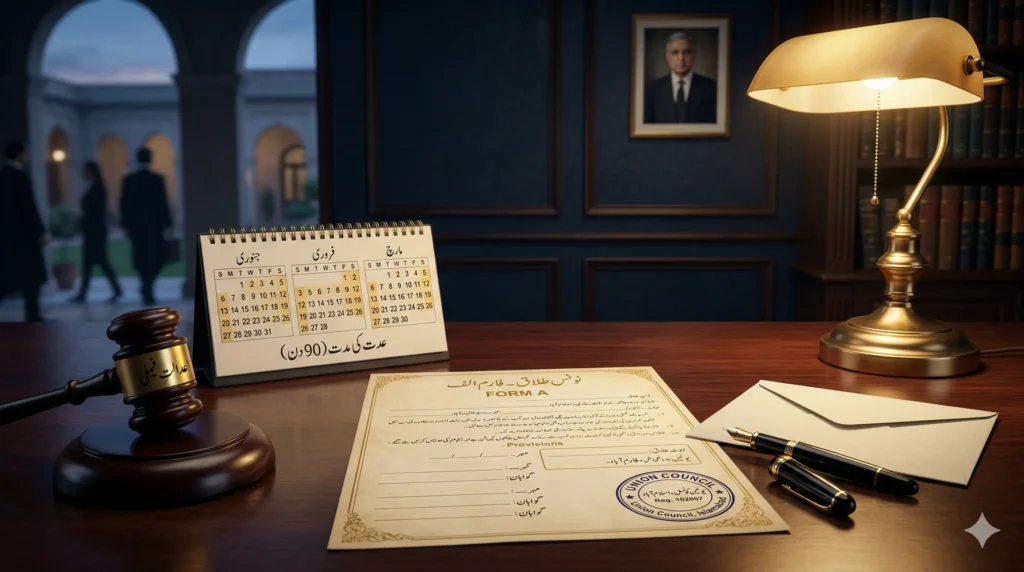 Talaq dene ka sahi tareeqa - written notice Form A to Union Council with 90-day iddat calendar and judge gavel under Section 7 MFLO 1961