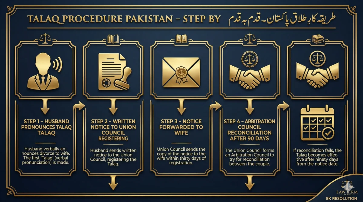 Talaq procedure Pakistan step by step infographic - 5 steps: pronounce talaq, written notice to Union Council, notice to wife, reconciliation attempts, talaq effective after 90 days under Section 7 MFLO 1961