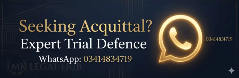 Acquittal legal consultation banner — MK Legal Hub WhatsApp 03414834719