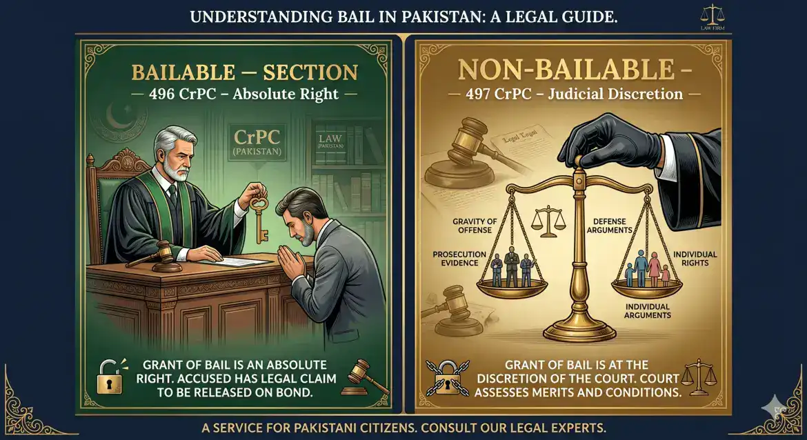 bailable vs non-bailable offences Pakistan – Section 496 and 497 CrPC comparison table infographic