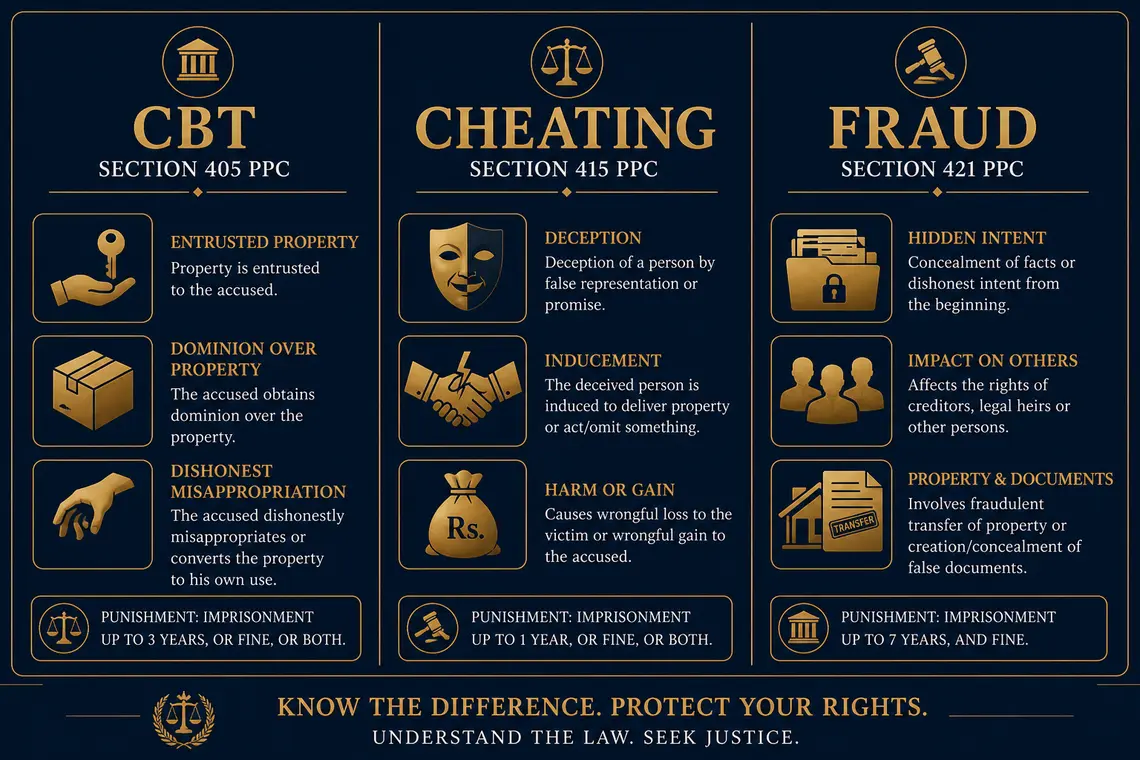 criminal breach of trust in Pakistan vs cheating vs fraud – comparison of PPC sections 405 415 421