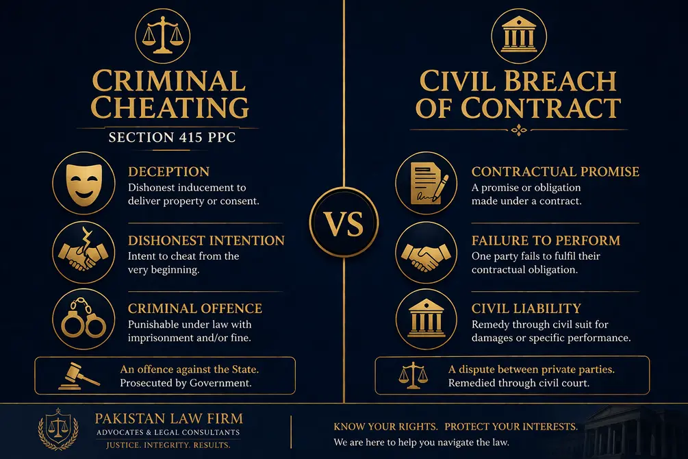 cheating law in Pakistan – criminal deception vs civil breach of contract distinction under PPC