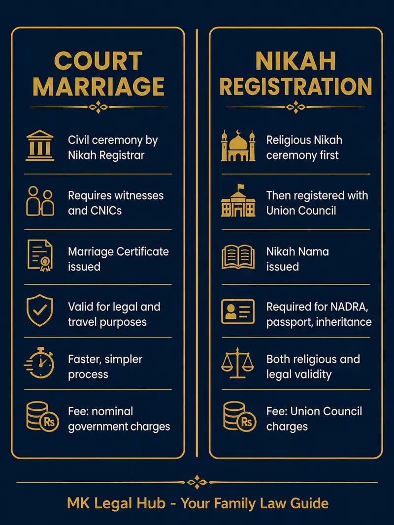 Court marriage vs nikah registration Pakistan side-by-side comparison infographic