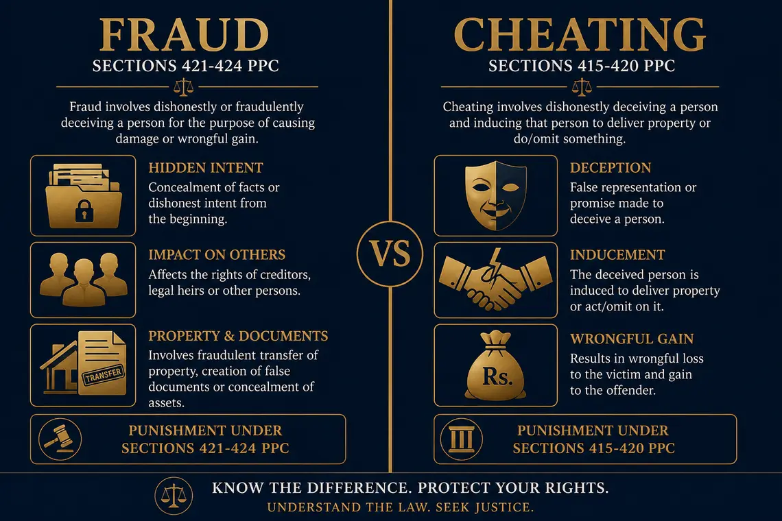 fraud law in Pakistan vs cheating law – comparison of PPC sections 421-424 and 415-420 bilingual
