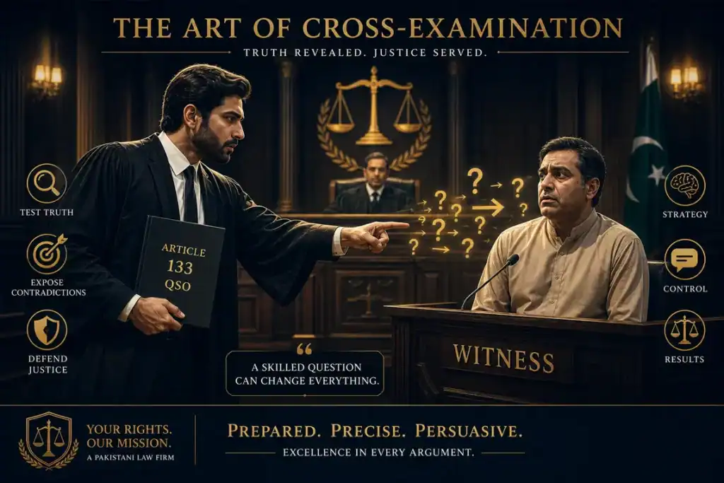 Golden Rules of Cross-Examination in Pakistan – lawyer questioning witness in courtroom under Article 133 QSO