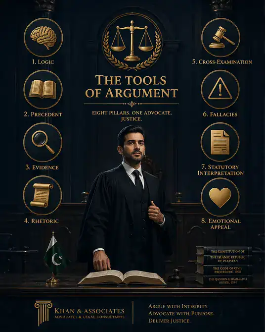 tools of argument in law – lawyer presenting case with logic evidence rhetoric and precedents in courtroom