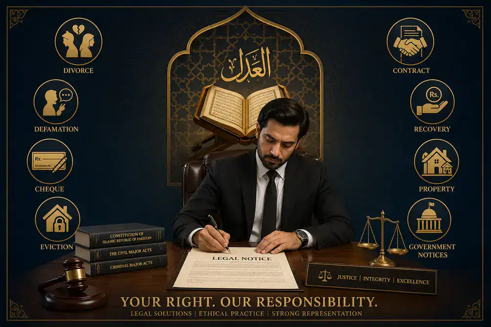 types of legal notices in Pakistan – lawyer drafting legal notice with Quranic verse in background
